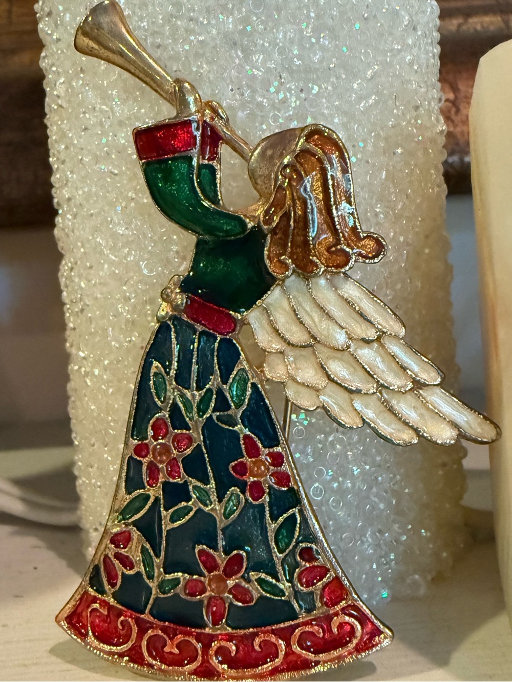 TC Tanya Creations Christmas Cloisonné Angel Trumpet Brooch Vintage